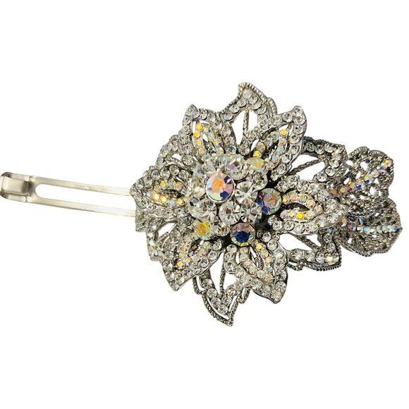 Vtg Aurora Borealis Rhinestone Flower Hair Paris Clip Crystal Filigree Barrette - Picture 8 of 8